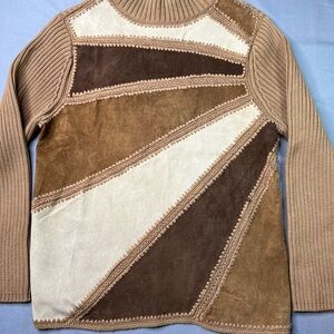 Lisa International Suede Patchwork Womens Sweater S Earth Tones Knit